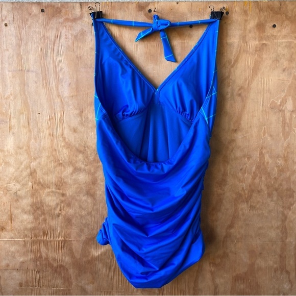 Spanx Halter Blue Plaid Ruched Tankini Swim Top 2627 Retro - Picture 3 of 10
